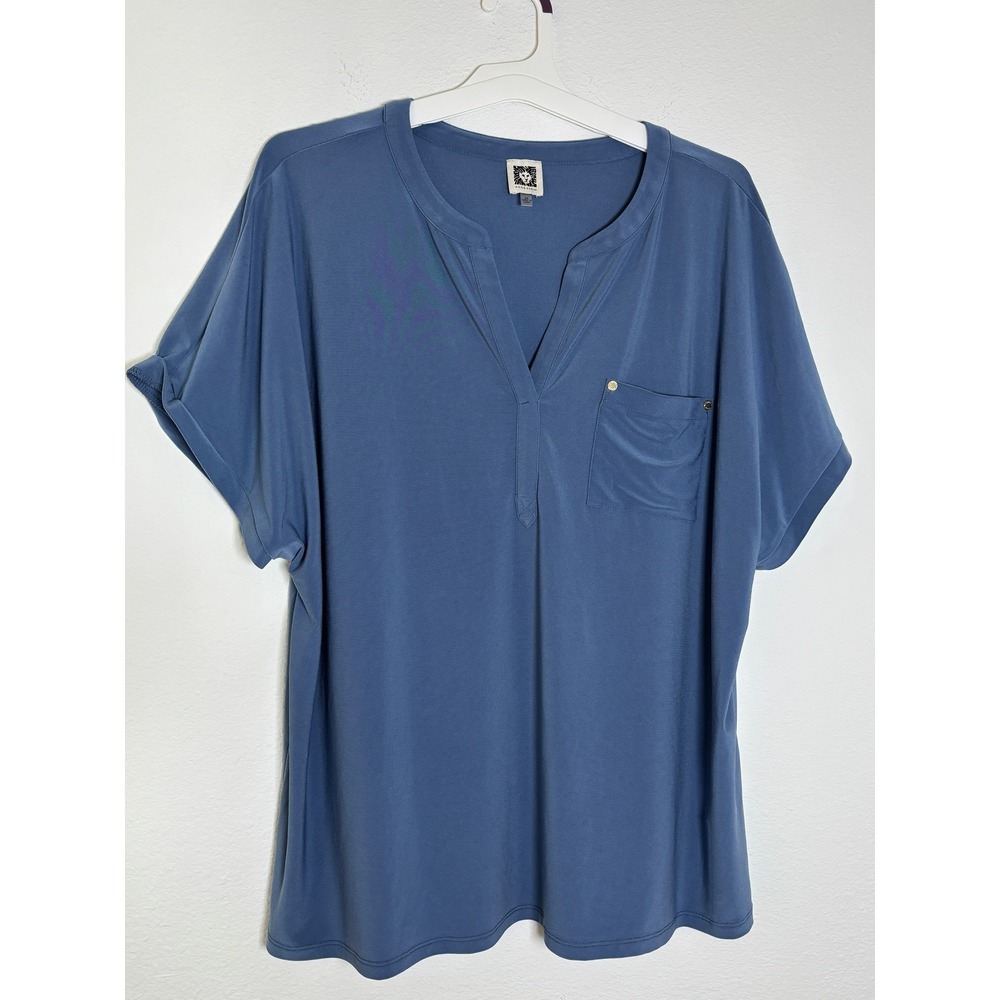 Anne Klein Women 2X Blue Split V-Neck Short Sleeve Pocket Knit Top Blouse